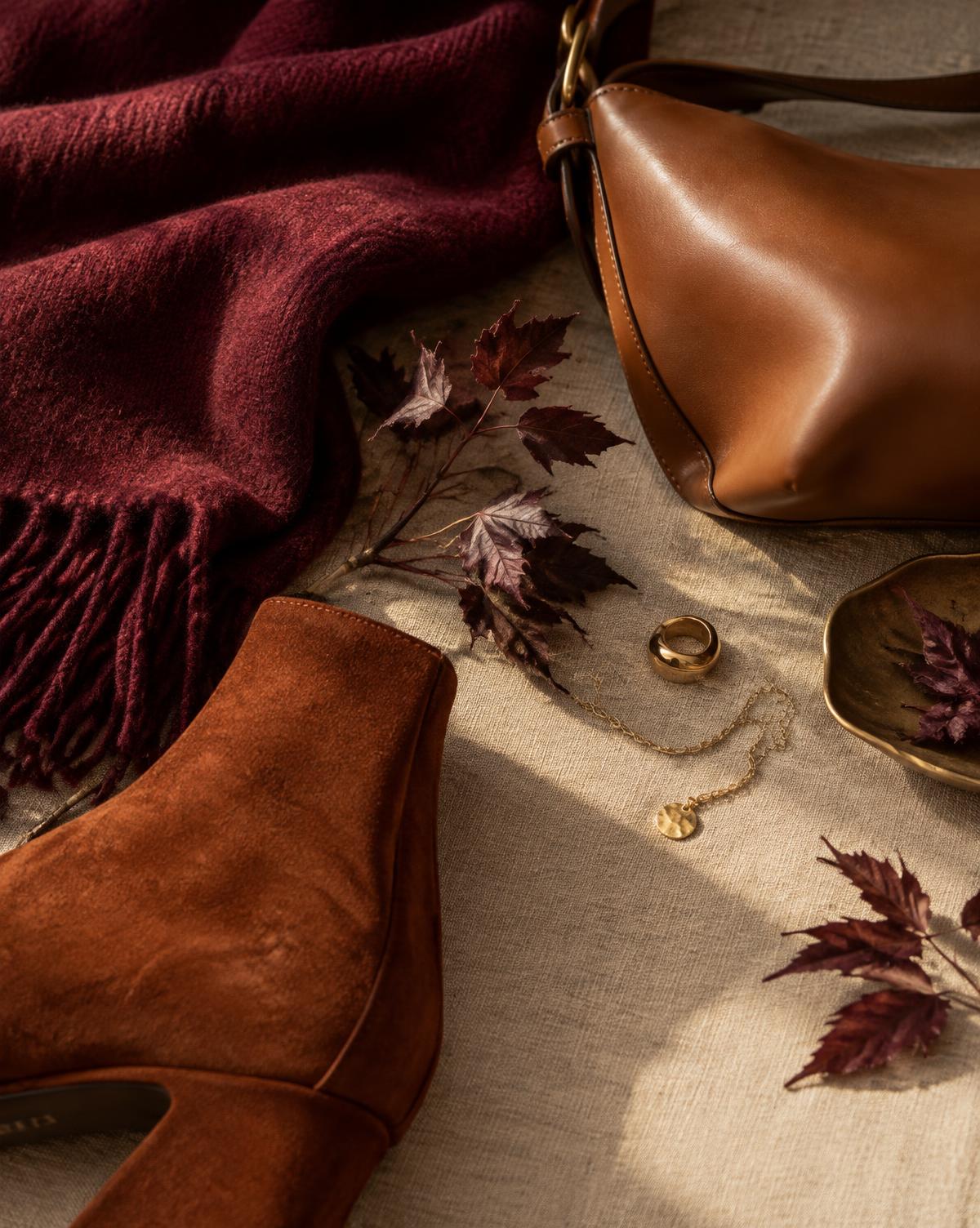 Cranberry, russet, and caramel accessories arranged for autumn